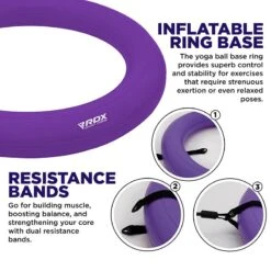 RDX SPORTS RDX B2 Inflatable Yoga Ball With Anti-Slip Base, Resistance Tubes & Air Pump -Rdx Sports purple yoga ball with base resistance tubes for fitness 5 3