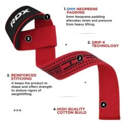 RDX SPORTS RDX S4+ SILICONE GEL COATED NON-SLIP SOLID GRIP WEIGHT LIFTING GYM STRAPS -Rdx Sports s4 weightlifting wrist straps red 5